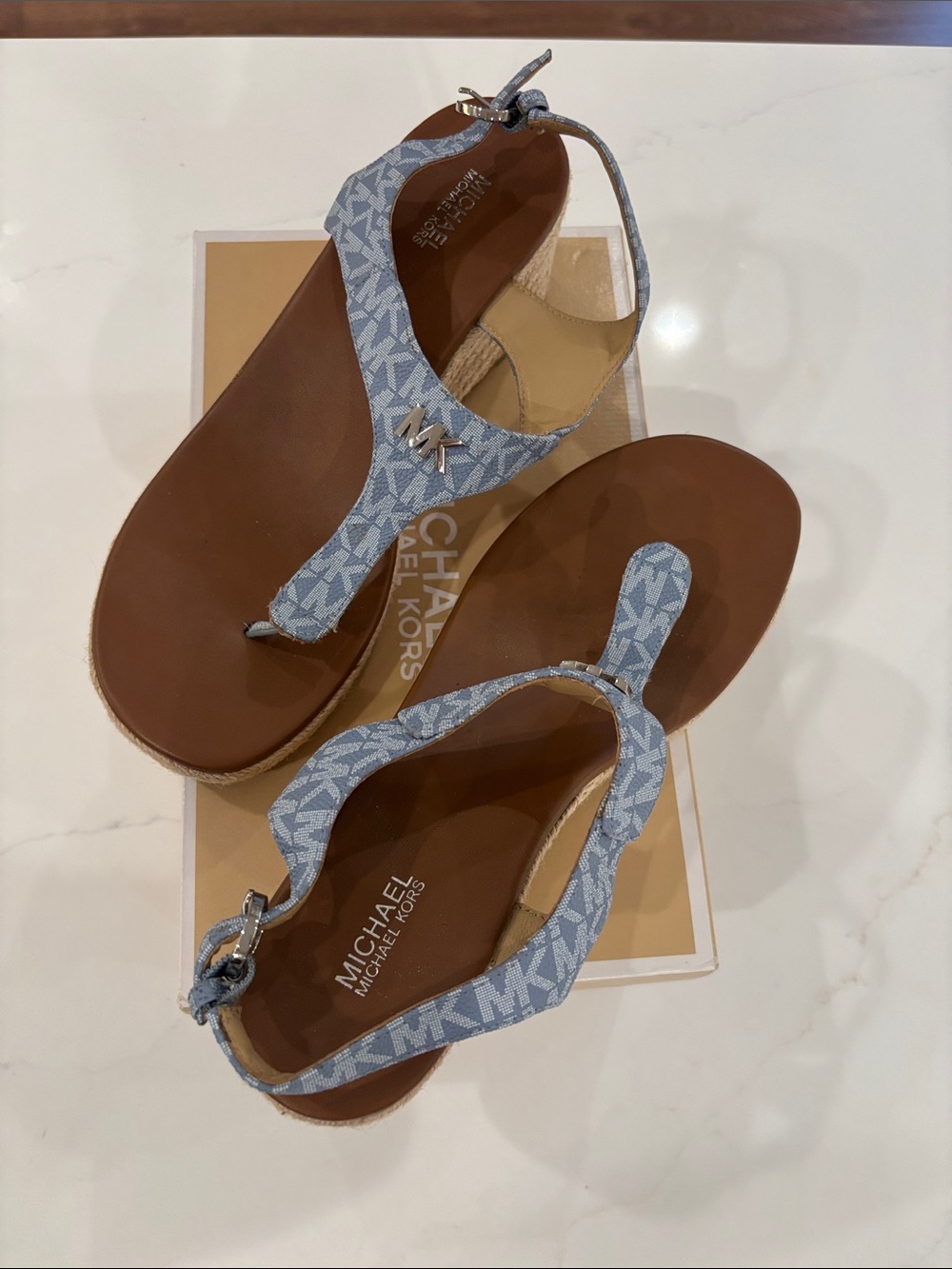 Michael Kors Light Blue Logo Thong Sandals with MK Accent
